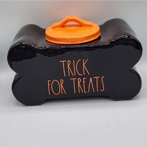 Rae Dunn Halloween TRICK FOR TREATS DOG bone shape treat jar - Picture 1 of 4